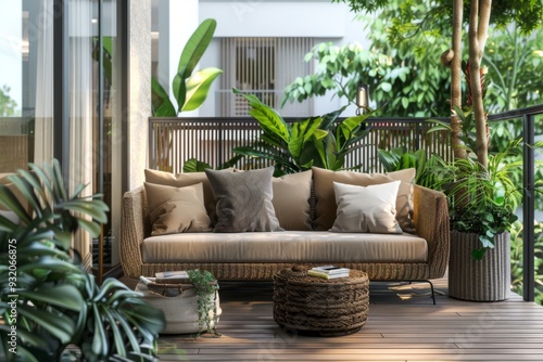 Outdoor balcony living room with cozy furniture