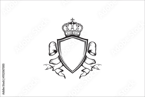 
Crown headed Shield silhouette.  Heraldic emblem crest shield with crown on white background.
