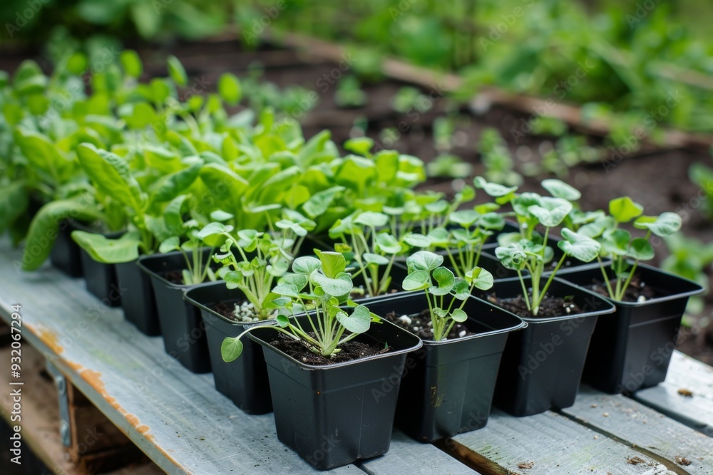 Plastic pots with various vegetables seedlings Plastic pots with various vegetables seedlings