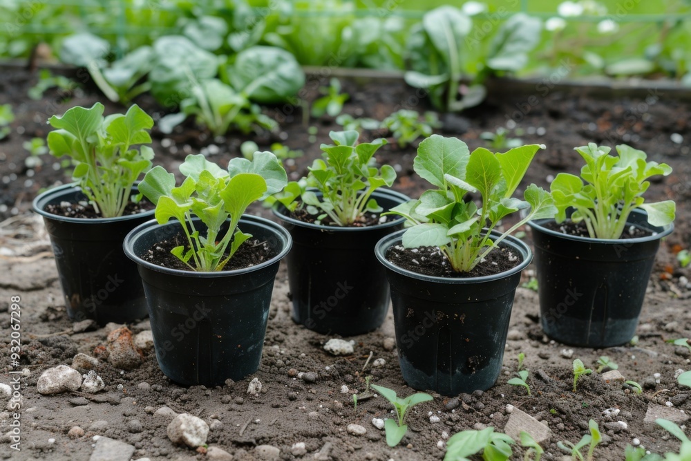 Plastic pots with various vegetables seedlings Plastic pots with various vegetables seedlings