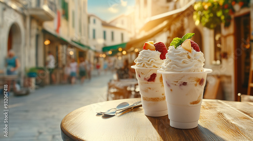 Fototapeta Naklejka Na Ścianę i Meble -  Two paper cups of delicious ice cream are standing on a wooden table in a blurred italian street on a sunny day