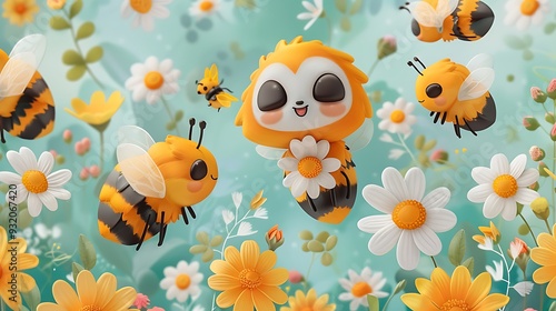 A seamless pattern of adorable cartoon bees hovering over blooming daisies and clover, with honeycombs in the background, bright and cheerful colors, detailed textures, soft lighting, hd quality,