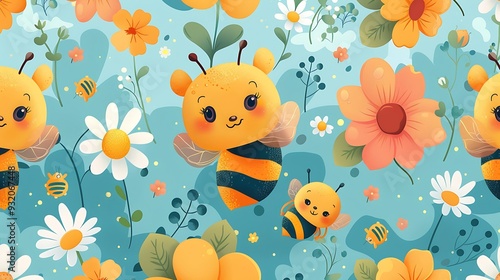A seamless pattern of adorable cartoon bees hovering over blooming daisies and clover, with honeycombs in the background, bright and cheerful colors, detailed textures, soft lighting, hd quality,