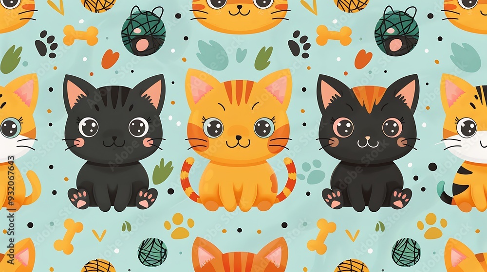 A seamless pattern of adorable cartoon cats and dogs, surrounded by playful bones, yarn balls, and paw prints, vibrant colors, detailed fur textures, hd quality, natural look. --ar 16:9 --v 6. A seamless pattern of adorable cartoon cats and dogs, surrounded by playful bones, yarn balls, and paw prints, vibrant colors, detailed fur textures, hd quality, natural look. --ar 16:9 --v 6.