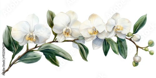 Watercolor painting of a white orchid branch with green leaves