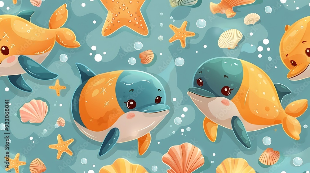 A seamless pattern of adorable cartoon dolphins and starfish playing in the ocean, surrounded by seashells and coral, vibrant colors, detailed textures, soft sunlight, hd quality, natural look. A seamless pattern of adorable cartoon dolphins and starfish playing in the ocean, surrounded by seashells and coral, vibrant colors, detailed textures, soft sunlight, hd quality, natural look.