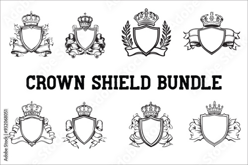 Crown headed Shield silhouette. sword Shield silhouette, Heraldic emblem crest shield with crown on white background.