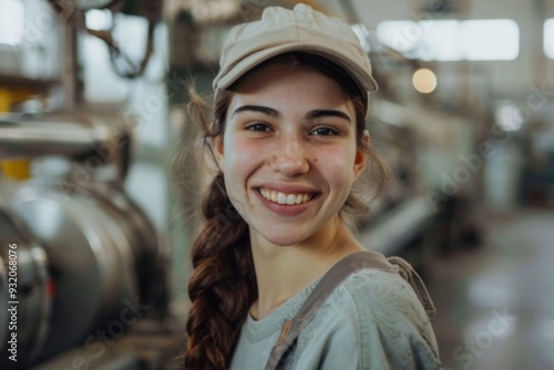 Portrait of a young female assembly line worker in factory