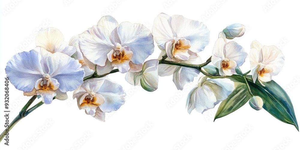 Fototapeta premium Watercolor Painting of White Orchids with Green Leaves