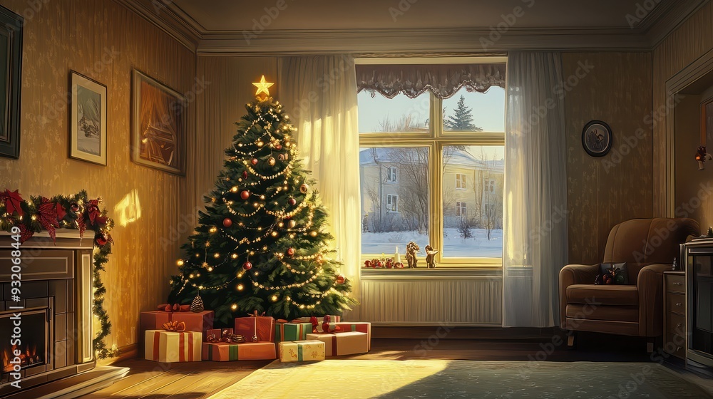 illustration of tree at Christmas in room illustration of tree at Christmas in room