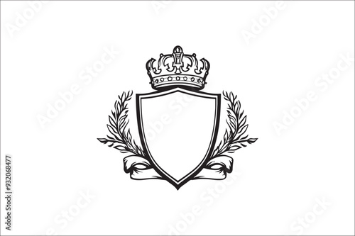 
Crown headed Shield silhouette.  Heraldic emblem crest shield with crown on white background.