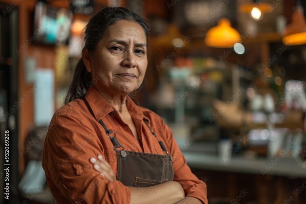 Obraz premium Portrait of a Hispanic woman owner of a coffee shop