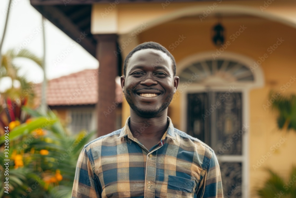 Fototapeta premium Portrait of a smiling African American man in front of his house