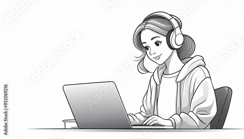 Young Woman Working on Laptop with Headphones