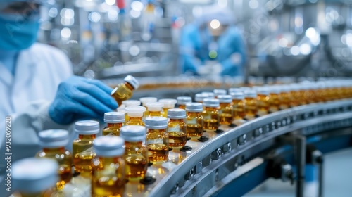 Wallpaper Mural A worker in a lab coat and blue gloves inspects vials of medicine on a production line. Torontodigital.ca