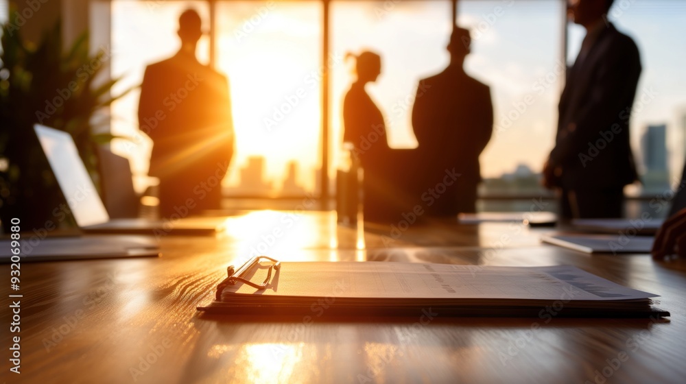 A group of business professionals stands in silhouette against a sunset, discussing strategies while a folder rests on the conference table in a modern office A group of business professionals stands in silhouette against a sunset, discussing strategies while a folder rests on the conference table in a modern office