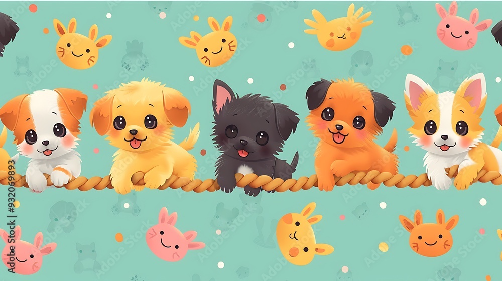 Naklejka premium A seamless pattern of adorable cartoon puppies tugging on ropes and chasing each other, set in a playful backyard, warm colors, detailed fur and rope textures, hd quality, natural look.