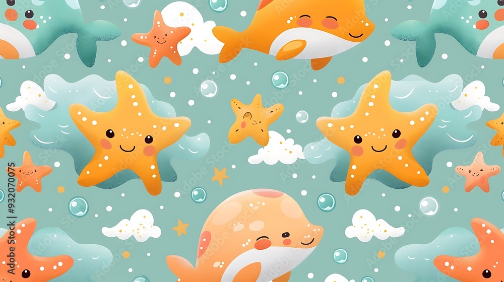 A seamless pattern of adorable cartoon starfish and dolphins playing among colorful coral reefs, with gentle ocean waves and bubbles, vibrant colors, detailed textures, soft lighting, hd quality, A seamless pattern of adorable cartoon starfish and dolphins playing among colorful coral reefs, with gentle ocean waves and bubbles, vibrant colors, detailed textures, soft lighting, hd quality,