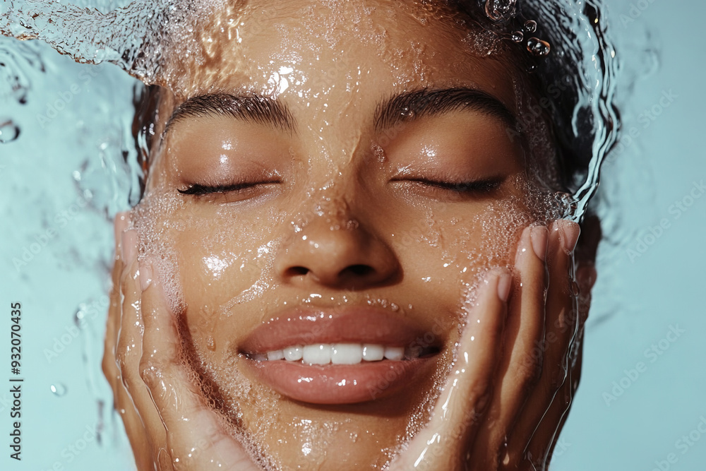 Beautiful smiling black woman washing her face with foamy cleanser Beautiful smiling black woman washing her face with foamy cleanser