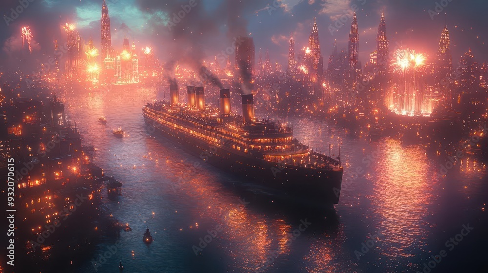 art deco cruise liner emerging from shimmering portal gatsbyesque passengers in 1920s attire marvel at futuristic cityscape while champagne fountains sparkle under holographic fireworks art deco cruise liner emerging from shimmering portal gatsbyesque passengers in 1920s attire marvel at futuristic cityscape while champagne fountains sparkle under holographic fireworks