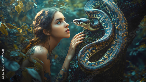 A vivid depiction of a snake symbolizing Satan, tempting Eve to eat the fruit from the Tree of the Knowledge of Good and Evil