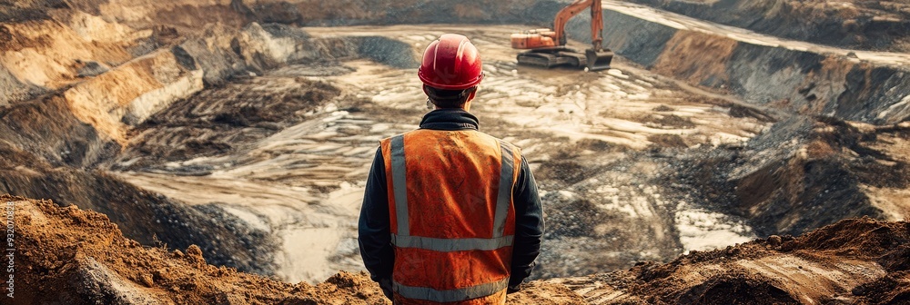 Mining Engineer Overlooking a Massive Open Pit Mine - A mining engineer ...
