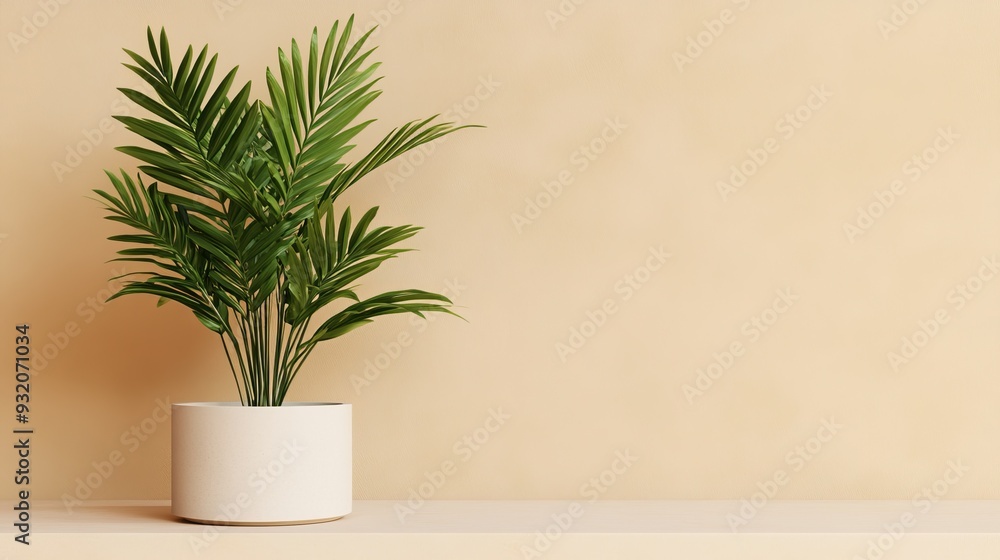 A serene indoor plant in a minimalist pot, adding freshness and elegance to modern home decor against a soft beige backdrop. A serene indoor plant in a minimalist pot, adding freshness and elegance to modern home decor against a soft beige backdrop.