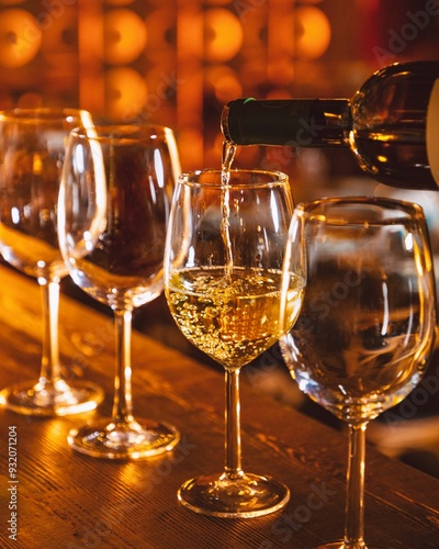 Bartender pouring white wine into glasses at bar counter