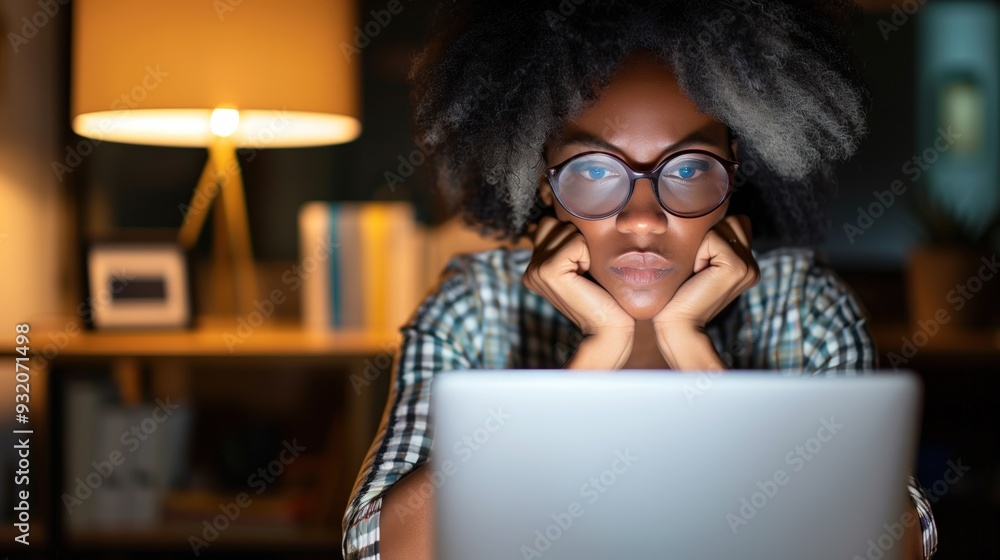 A young woman sits at a desk, gazing intently at her laptop while resting her chin on her hands, surrounded by warm lighting and bookshelves in the background A young woman sits at a desk, gazing intently at her laptop while resting her chin on her hands, surrounded by warm lighting and bookshelves in the background