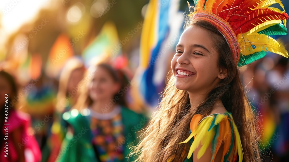 Fototapeta premium Brazilian Independence Day parade with colorful floats, vibrant costumes, and joyful crowds, sense of national pride and cultural celebration, flags waving in the sunlight