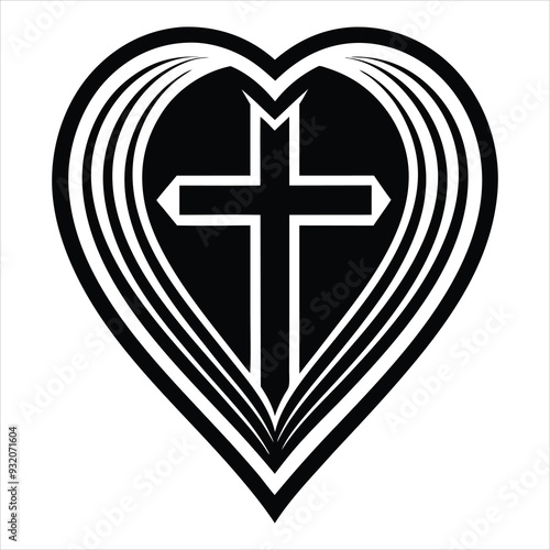 cross with heart vector art illustration icon logo