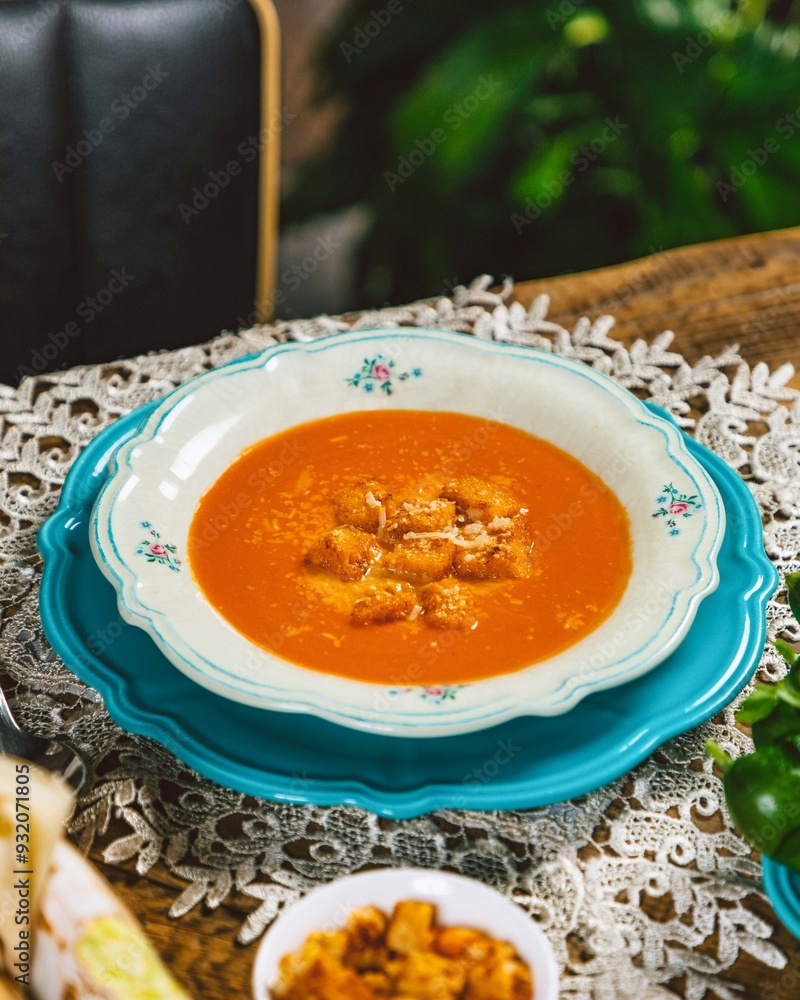 Tomato soup garnished with croutons and grated cheese being served on a table Tomato soup garnished with croutons and grated cheese being served on a table