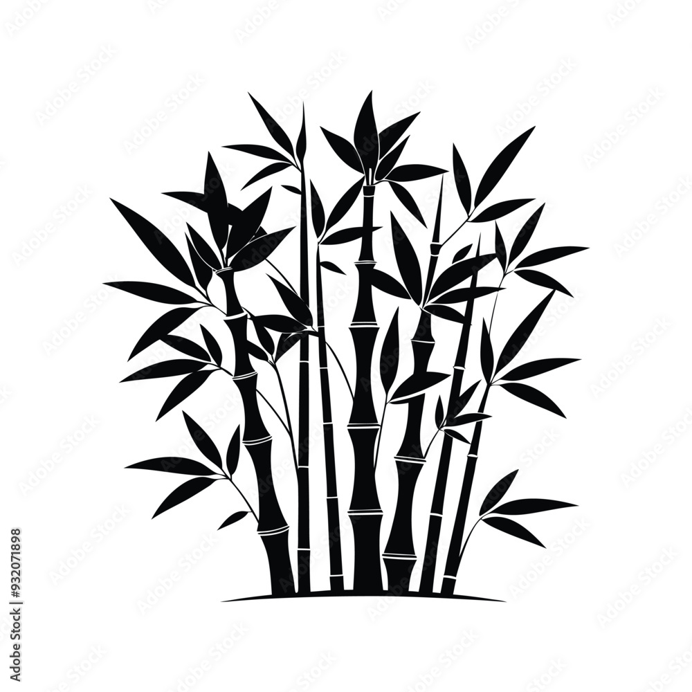 Obraz premium black bamboo silhouette with multiple stalks and clustered leaves spreading naturally, standing out on a solid white background.