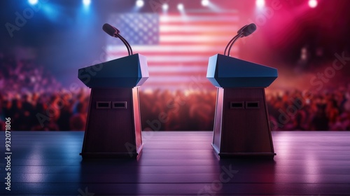 Two podiums are positioned for a political debate against a vibrant backdrop featuring an American flag as an audience awaits