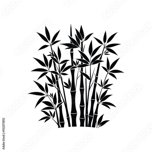 black bamboo silhouette with multiple stalks and clustered leaves spreading naturally, standing out on a solid white background.