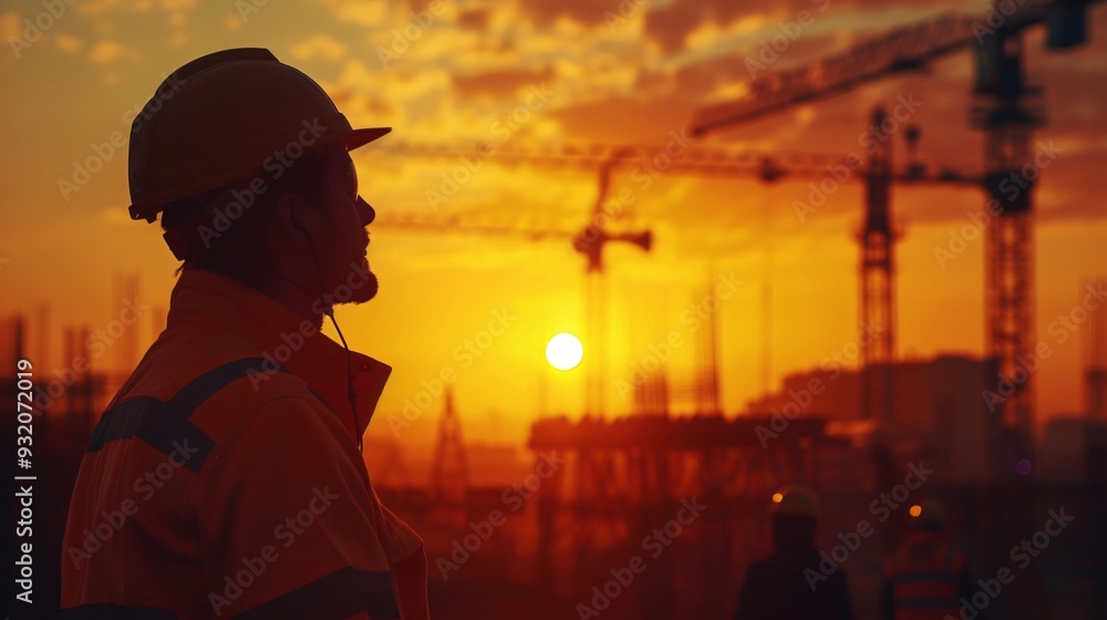 silhouette of worker construction building at sunset silhouette of worker construction building at sunset