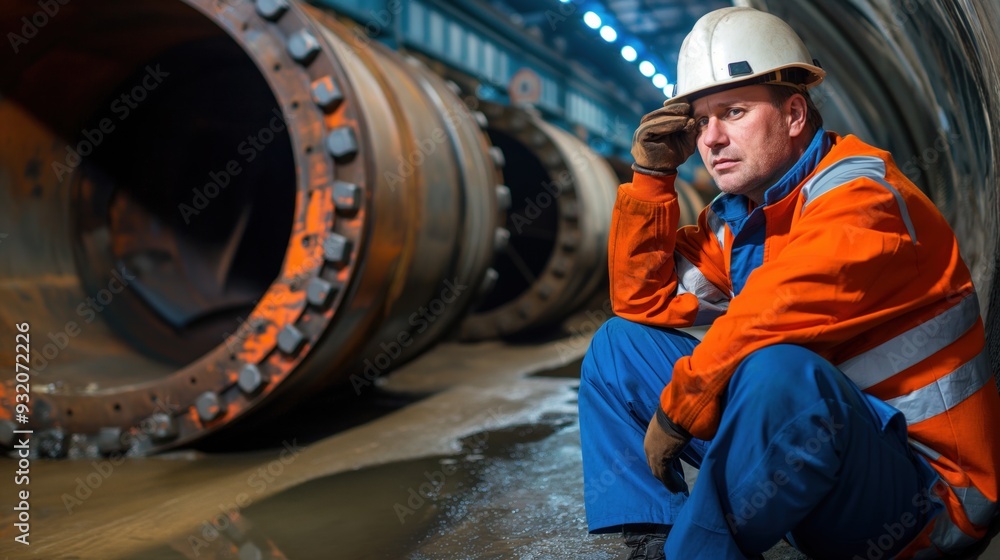 A construction worker in a hard hat takes a moment of respite near massive tunnel boring equipment in an underground site illuminated by soft overhead lights A construction worker in a hard hat takes a moment of respite near massive tunnel boring equipment in an underground site illuminated by soft overhead lights