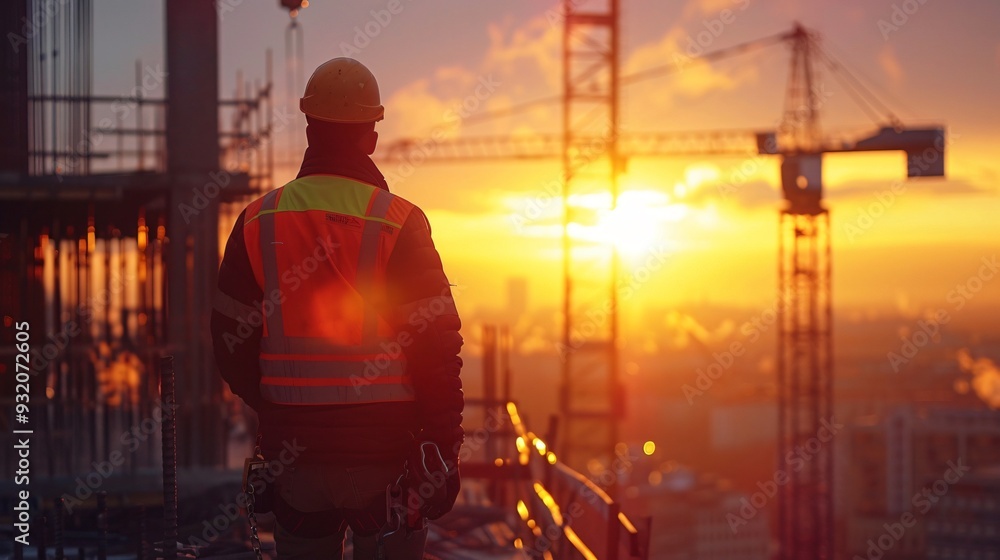 silhouette of a building with construction workers on an orange sunset silhouette of a building with construction workers on an orange sunset