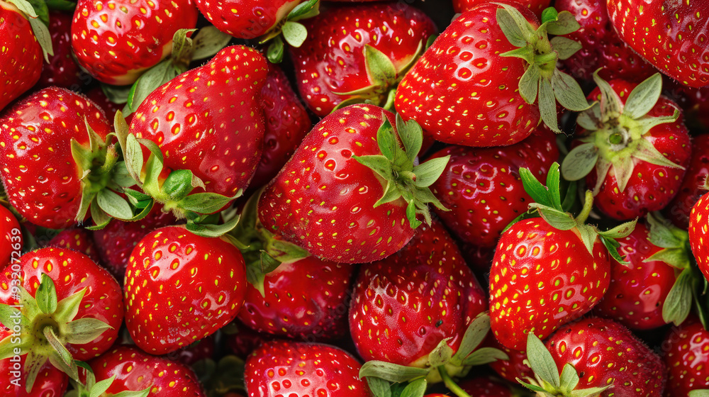 Fresh red strawberries with green leaves, showcasing vibrant colors and texture in a close-up composition. Fresh red strawberries with green leaves, showcasing vibrant colors and texture in a close-up composition.