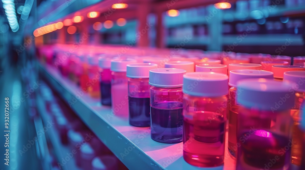 A row of luminous liquids in bottles on the background of a futuristic laboratory A row of luminous liquids in bottles on the background of a futuristic laboratory
