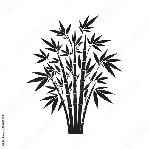 A simple yet detailed black bamboo silhouette with multiple stalks and clustered leaves spreading naturally, standing out on a solid white background.