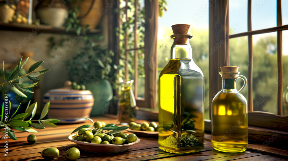 Bottles of olive oil sit on a rustic wooden table. Fresh olives are on a plate nearby. The warm sunlight fills the room, highlighting the natural beauty of the ingredients. AI Bottles of olive oil sit on a rustic wooden table. Fresh olives are on a plate nearby. The warm sunlight fills the room, highlighting the natural beauty of the ingredients. AI