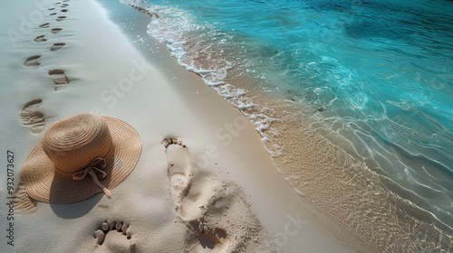 A women's hat and towel on pristine white sand, set against the turquoise ocean of a secluded Maldivian beach photo