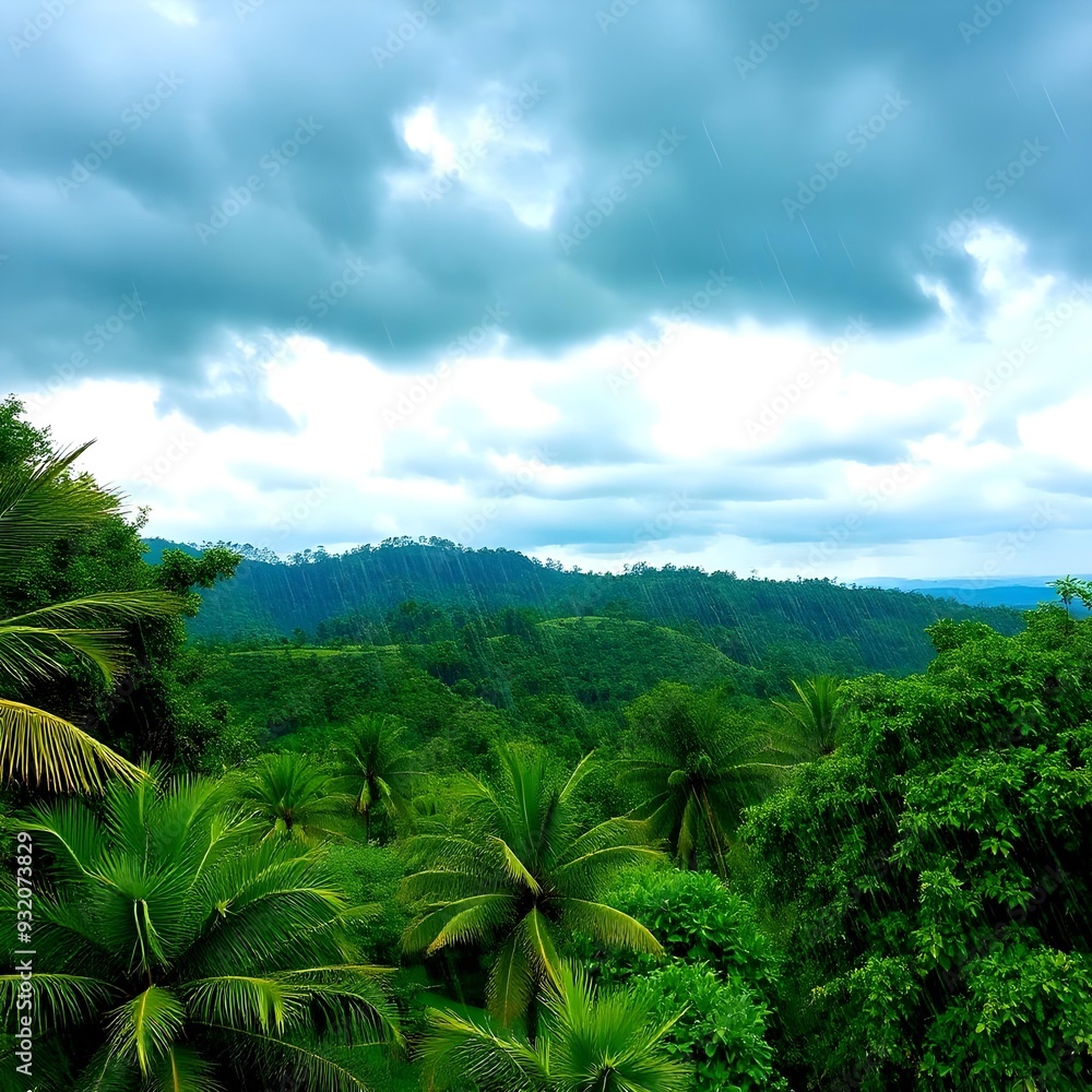 Obraz premium Lush vibrant jungle landscape with dramatic clouds, perfect for travel, adventure, and exotic vacation vibes