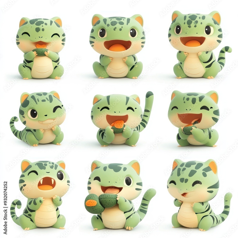 Fototapeta premium A collection of cute, cartoonish green creatures displaying various joyful expressions.