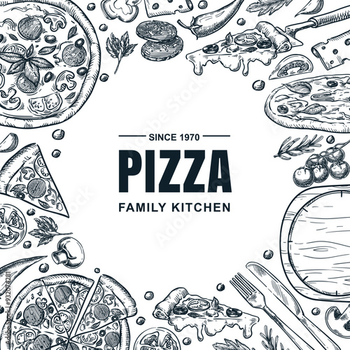 Italian pizza and ingredients square frame. Vector hand drawn sketch illustration. Pizzeria menu, banner, poster, label package design elements on white background