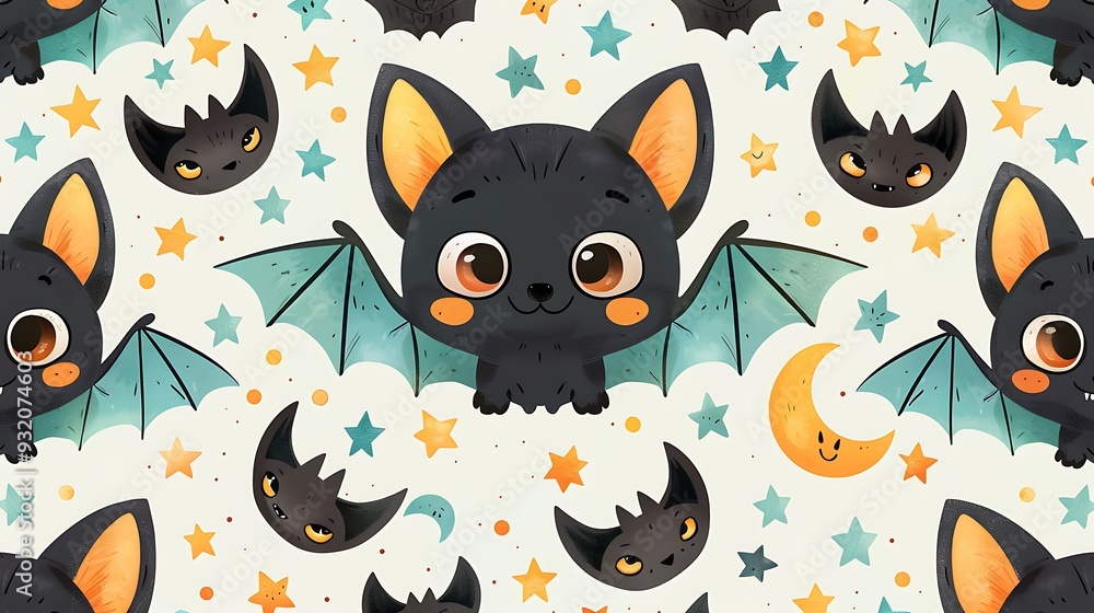 A seamless pattern of cute cartoon bats fluttering among stars and crescent moons, surrounded by twinkling lights and dark blue skies, soft glow effects, detailed wing textures, hd quality, A seamless pattern of cute cartoon bats fluttering among stars and crescent moons, surrounded by twinkling lights and dark blue skies, soft glow effects, detailed wing textures, hd quality,