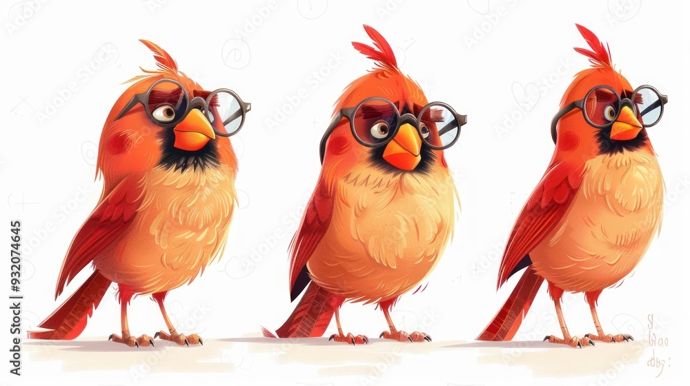 Fototapeta premium Three cartoon-style red birds wearing glasses, showcasing different expressions.