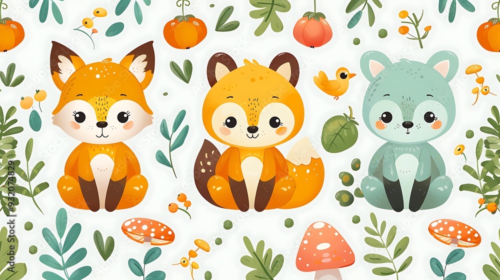 Naklejka premium A seamless pattern of cute cartoon bears, foxes, and owls exploring a vibrant forest, surrounded by berries, mushrooms, and tall trees, bright and warm colors, soft sunlight, hd quality, natural look.