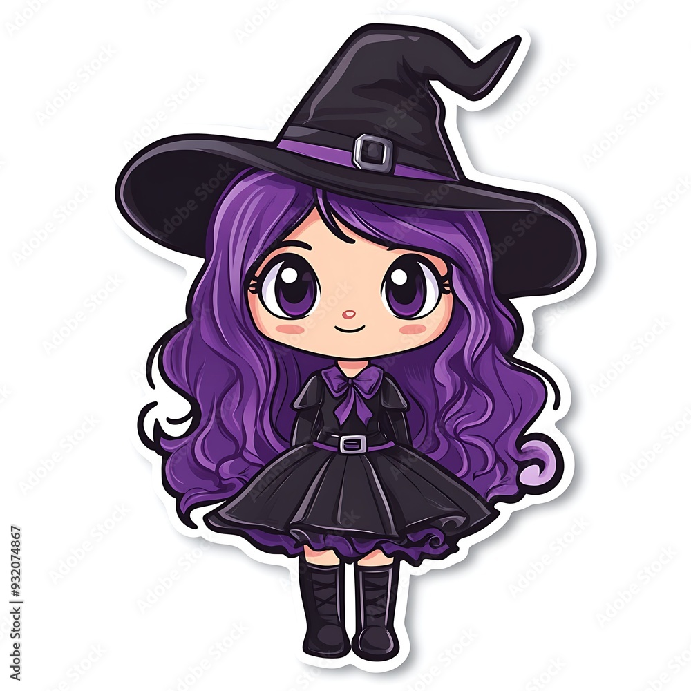 A charming chibi-style witch character with long purple hair, a pointy hat with a buckle, and a matching dark outfit, designed in a cute and playful style. A charming chibi-style witch character with long purple hair, a pointy hat with a buckle, and a matching dark outfit, designed in a cute and playful style.